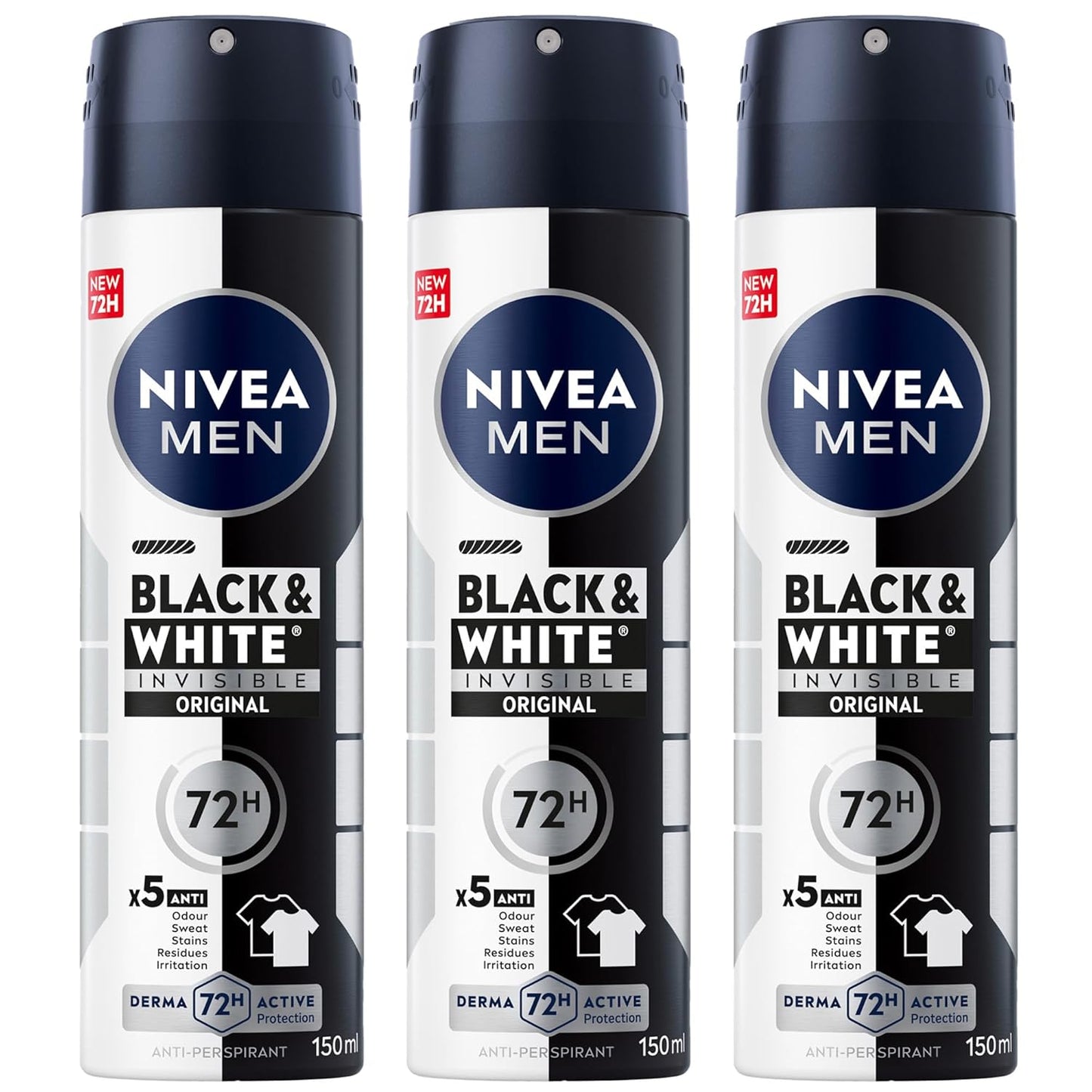 NIVEA MEN Antiperspirant Spray for Men, Black & White Invisible Protection Original, 3x150ml