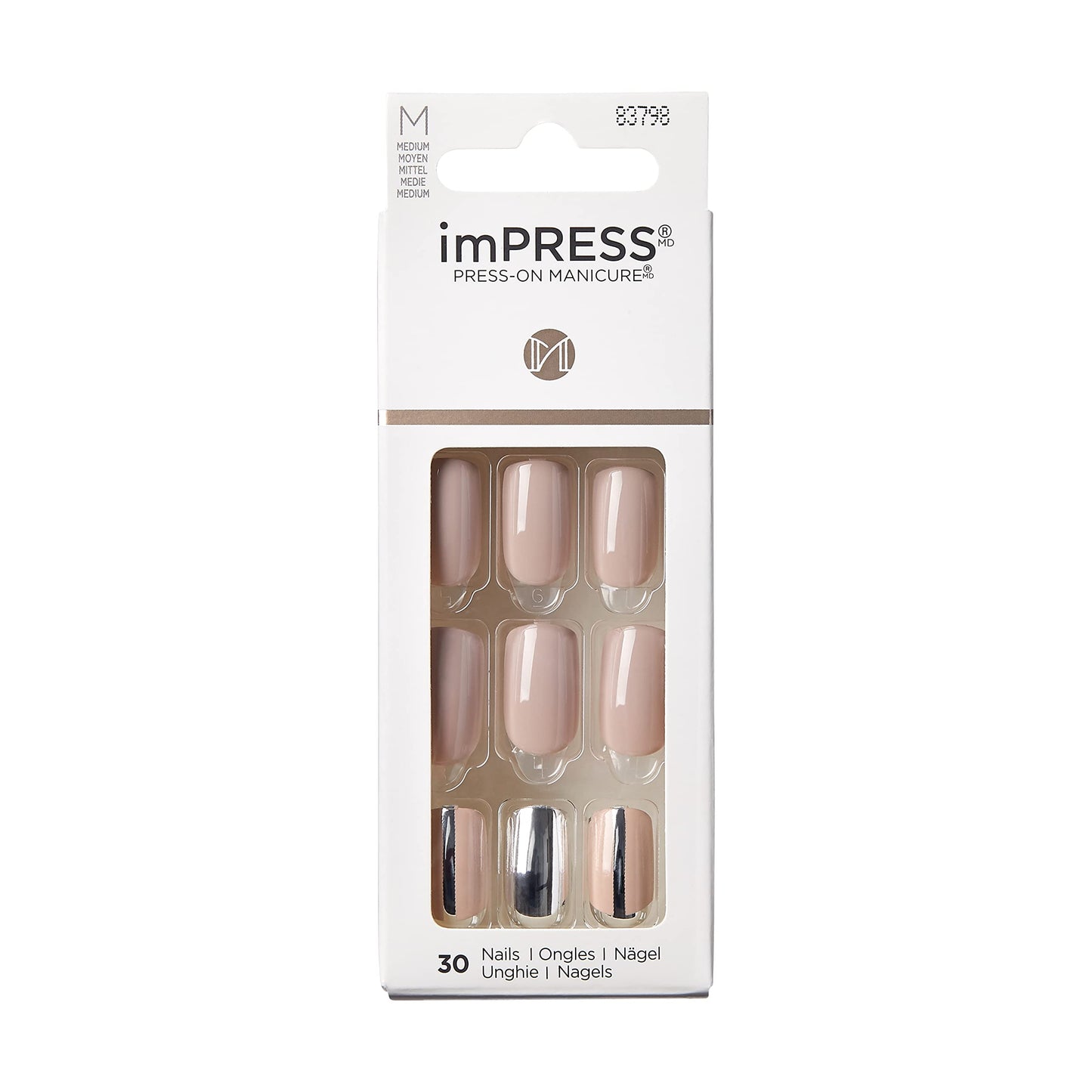 KISS imPRESS Press-On Manicure, Cloudy, Medium Length Square, with PureFit Technology, Includes Prep Pad, Mini File, Cuticle Stick, and 30 Fake Nails