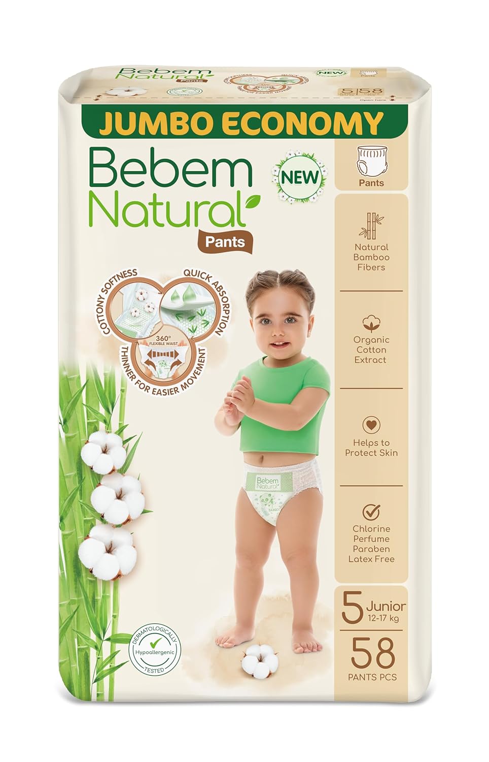 Bebem Natural - Pants Diapers - Jumbo Pack - Junior Size 5 - 58 Pieces