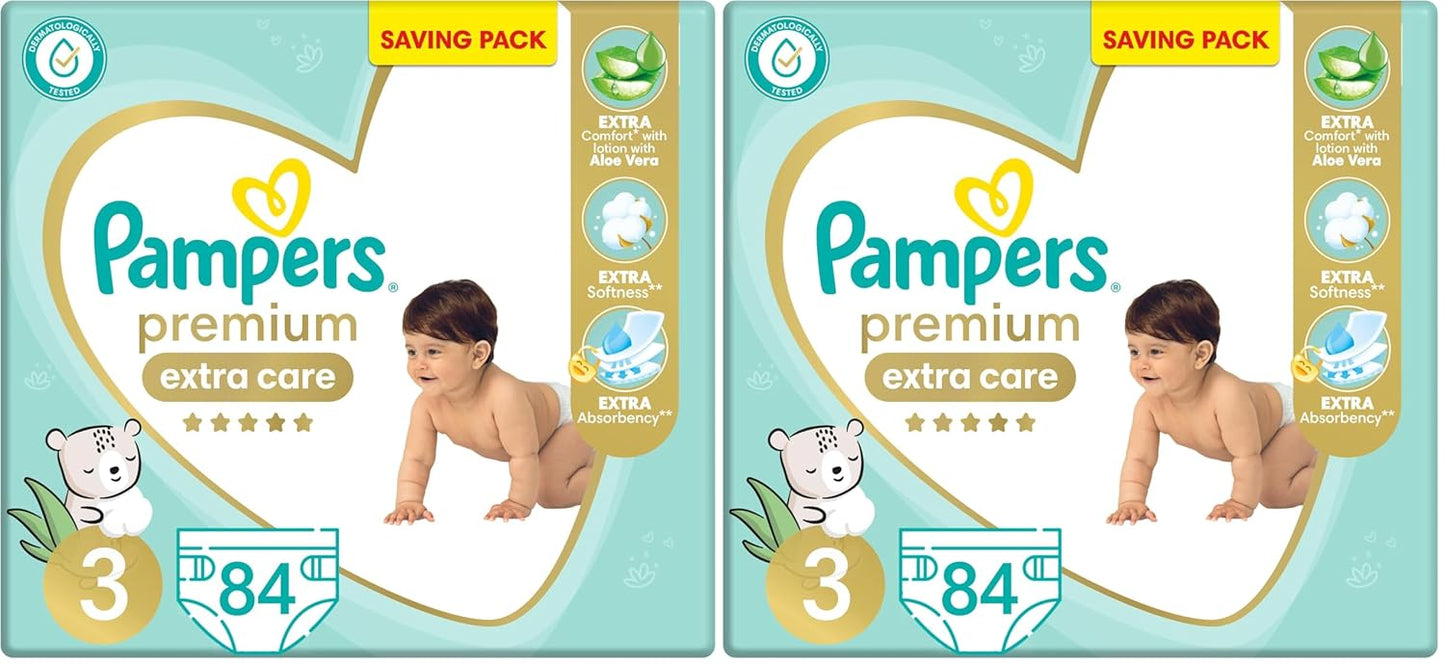 Pampers Premium EXTRA CARE Taped Diapers, Size 3, 6-10 kg, with Lotion with Aloe Vera, Saving Pack, 84 Baby Diapers (Pack of 2)
