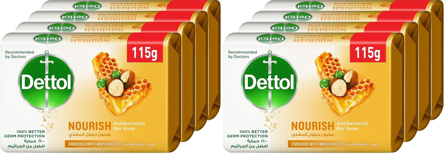 Dettol Nourish Anti-Bacterial Bathing Soap Bar for Effective Germ Protection & Personal Hygiene, honey & shea butter fragrance, 115g 4 pieces (Pack of 2)