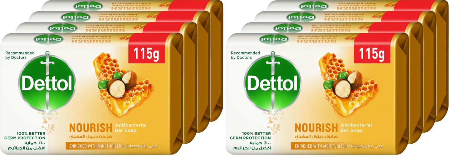 Dettol Nourish Anti-Bacterial Bathing Soap Bar for Effective Germ Protection & Personal Hygiene, honey & shea butter fragrance, 115g 4 pieces (Pack of 2)