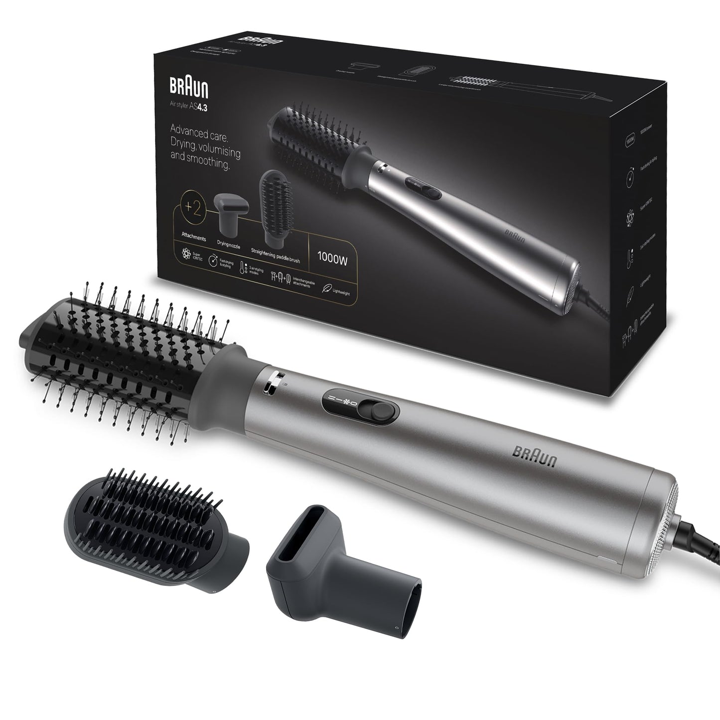 Braun Satin-Hair 4 As 430 Air Styler 4.3 Iontec Ionic Hair Dryer with Quick Drying Spout, Straightening Brush, Oval Thermal Brush Large Silver
