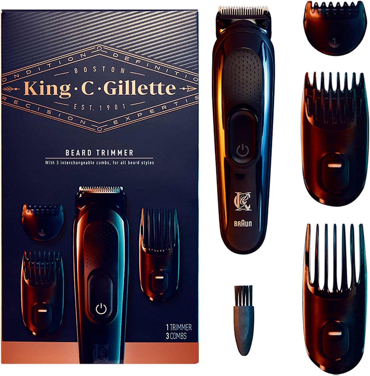 Gillette King C. Gillette Cordless Beard Trimmer for Men, Kit includes 1 Trimmer, 3 Interchangeable Combs, 1 Cleaning Brush, 1 Charger, Packaging May Vary – Black – BT6