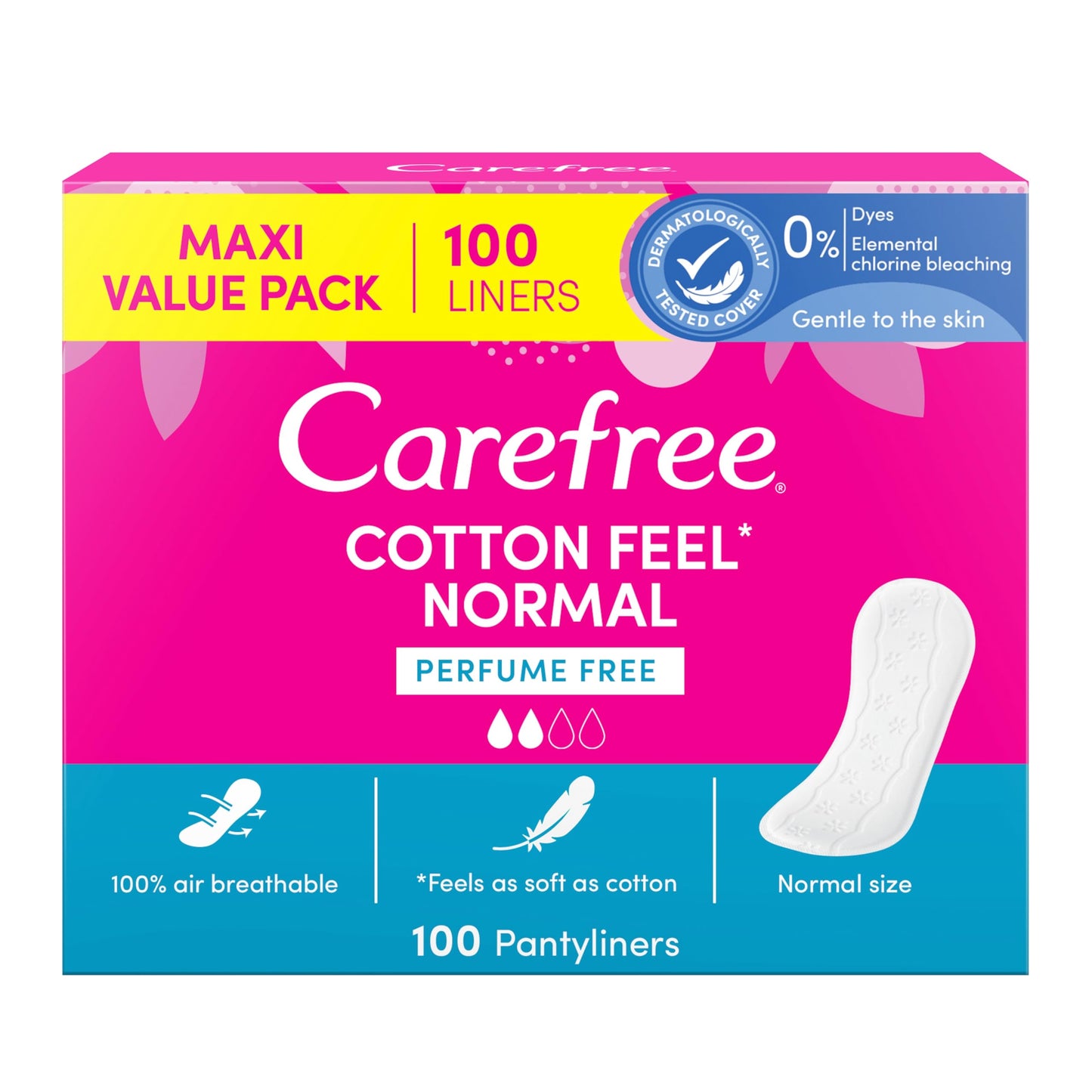CAREFREE Cotton Feel Perfume Free Panty Liners, 100% Breathable, Normal Size, Pack of 100