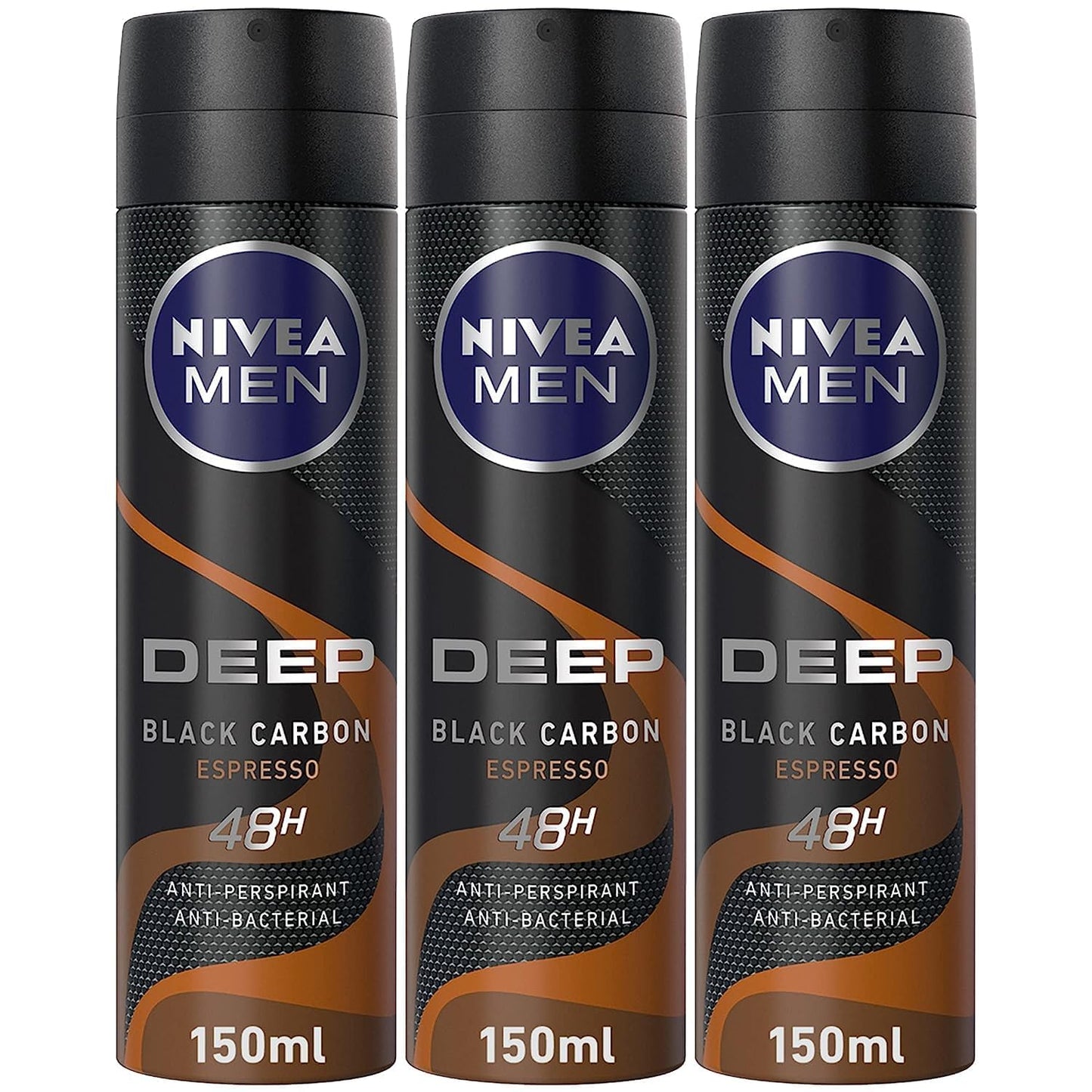 NIVEA MEN Antiperspirant Spray for Men, 48h Protection, DEEP Black Carbon Antibacterial, Espresso Scent, 3x150ml