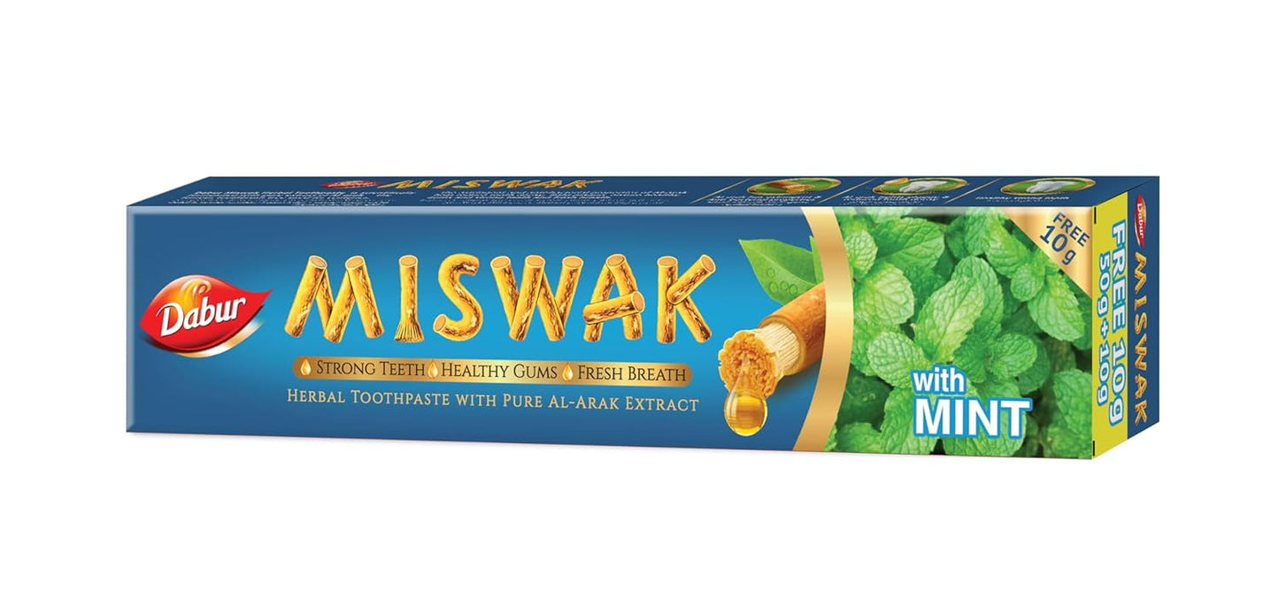 Dabur Miswak Mint Toothpaste (50g) + 10g Free | Natural Teeth Cleaning with Antibacterial Properties | Freshens Breath | Improves Gum Health | Promotes Whiten Teeth