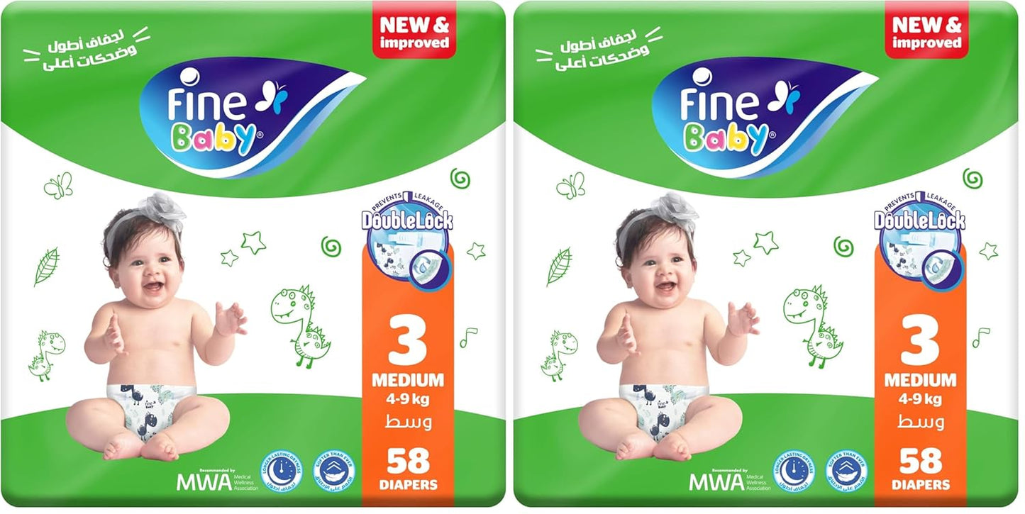 Fine Diapers, Size 3, Medium, 4-9 kg, 58 Diaper (Pack of 2)