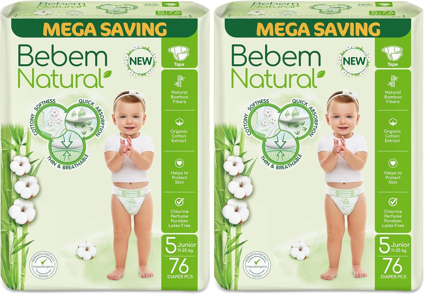 Bebem Natural - Baby Diapers - Mega Pack - Junior Size 5-76 Pieces (Pack of 2)