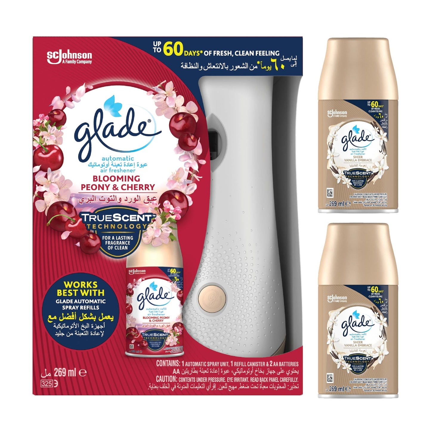 Glade 1 Automatic Spray Unit with Blooming & Cherry Air freshener Refill Canister - 269 ml + 2 AUTOMATIC SPRAY REFILL VANILLA - 269 ml @10% Discount