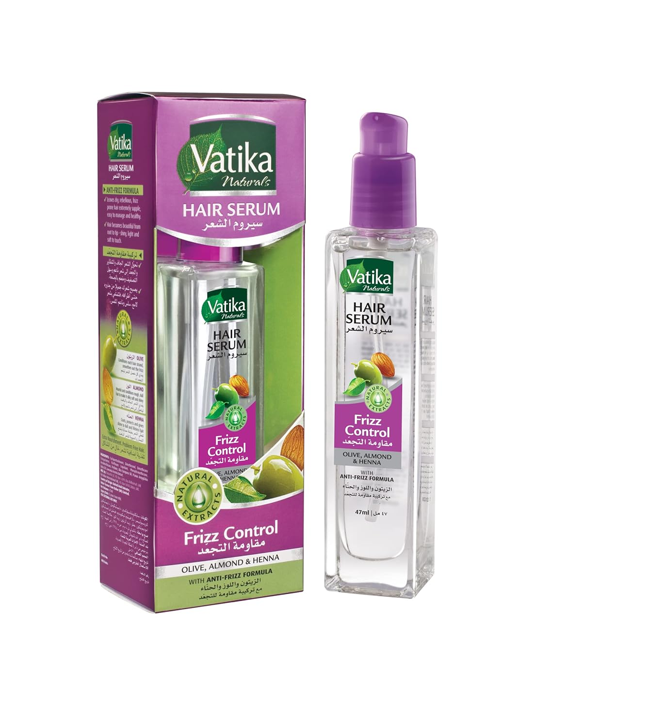 Vatika Naturals Frizz Control Hair Serum (47mL) | Natural Extract of Olive, Almond and Henna | Anti-Frizz Formula | For Dry and Damaged Hair