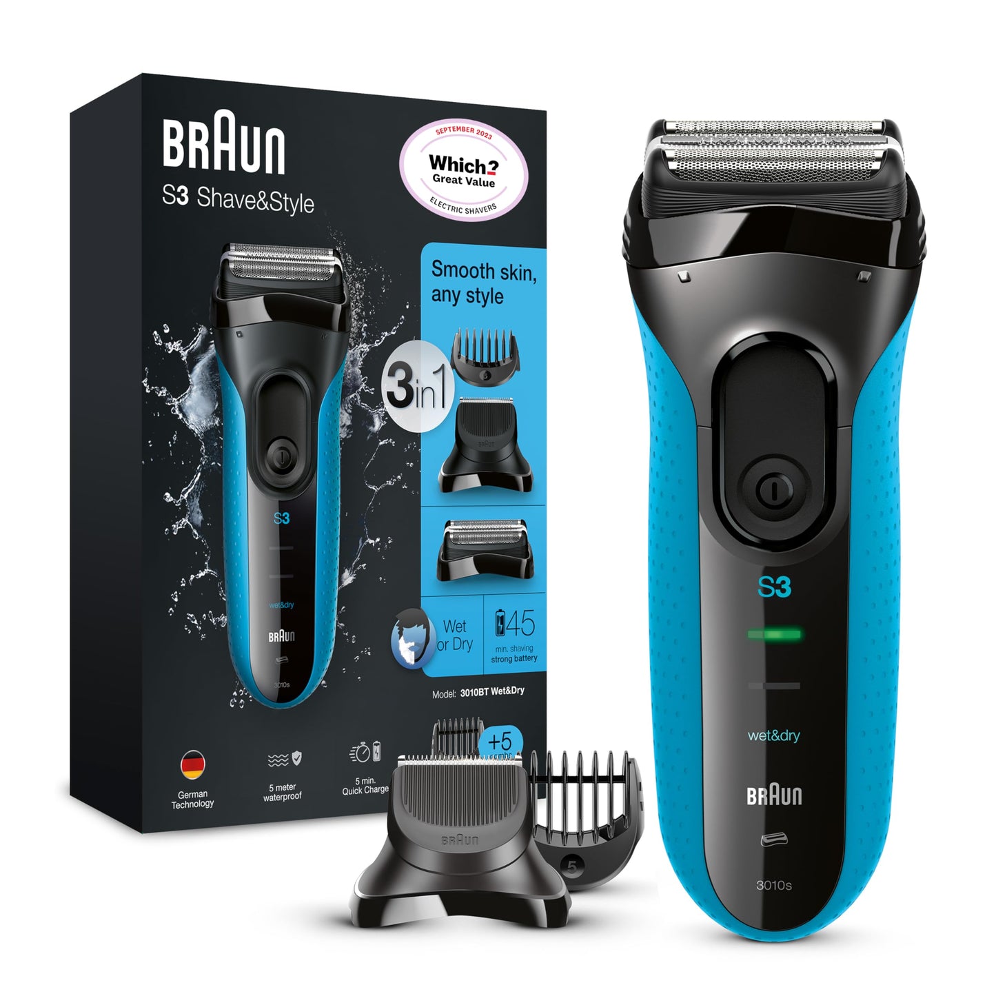 Braun Series 3 Proskin Shave&Style 3010BT 3-in-1 Electric Shaver Wet & Dry Razor for Men with Precision Beard Trimmer Hair Clipper and 5 Combs Rechargeable and Cordless Shaver Black/Blue, 2 Pin Plug