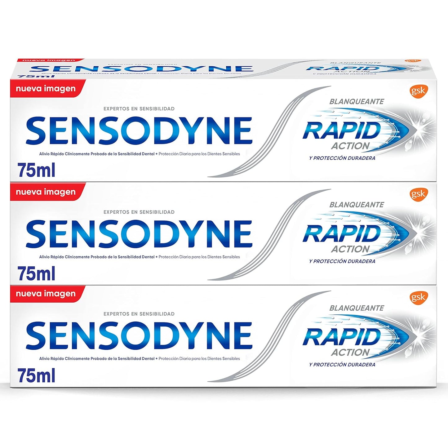 Sensodyne Rapid Action Whitening Toothpaste for Sensitive Teeth, Fast Relief and Lasting Protection of Tooth Sensitivity, Pack 3 x 75 ml