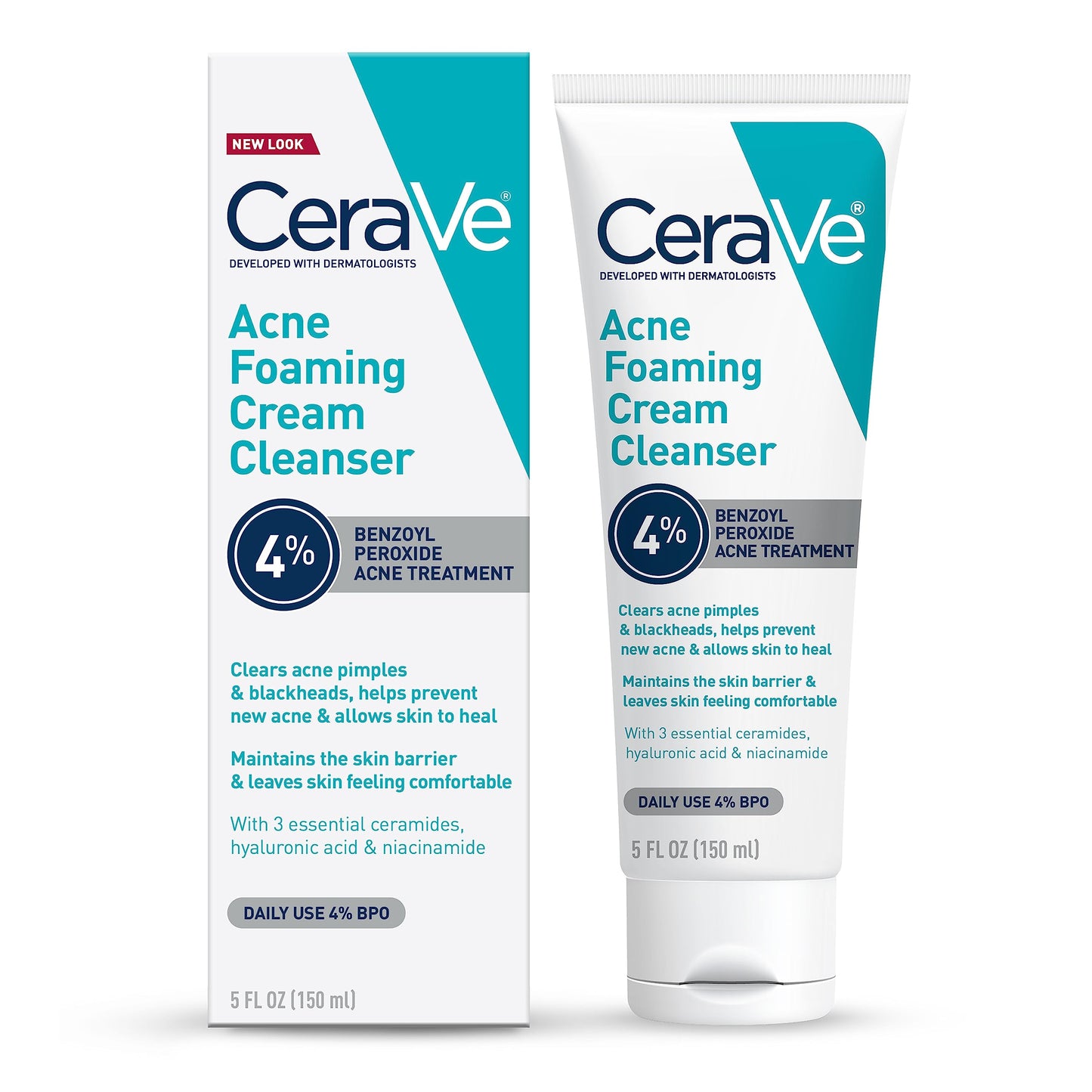 CeraVe Acne Foaming Cream Cleanser | Acne Treatment Face Wash with 4% Benzoyl Peroxide, Hyaluronic Acid, and Niacinamide | Cream to Foam Formula | 5 Oz