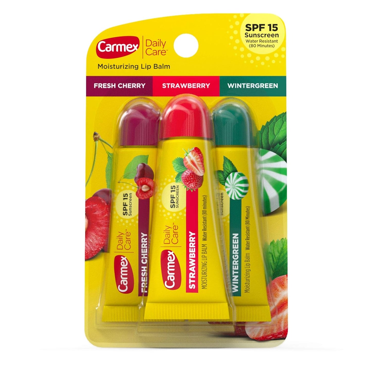 Carmex Daily Care Moisturizing Lip Balm Tubes with SPF, Fresh Cherry, Strawberry and Wintergreen Lip Balm Pack, 0.35 OZ - 3 Count