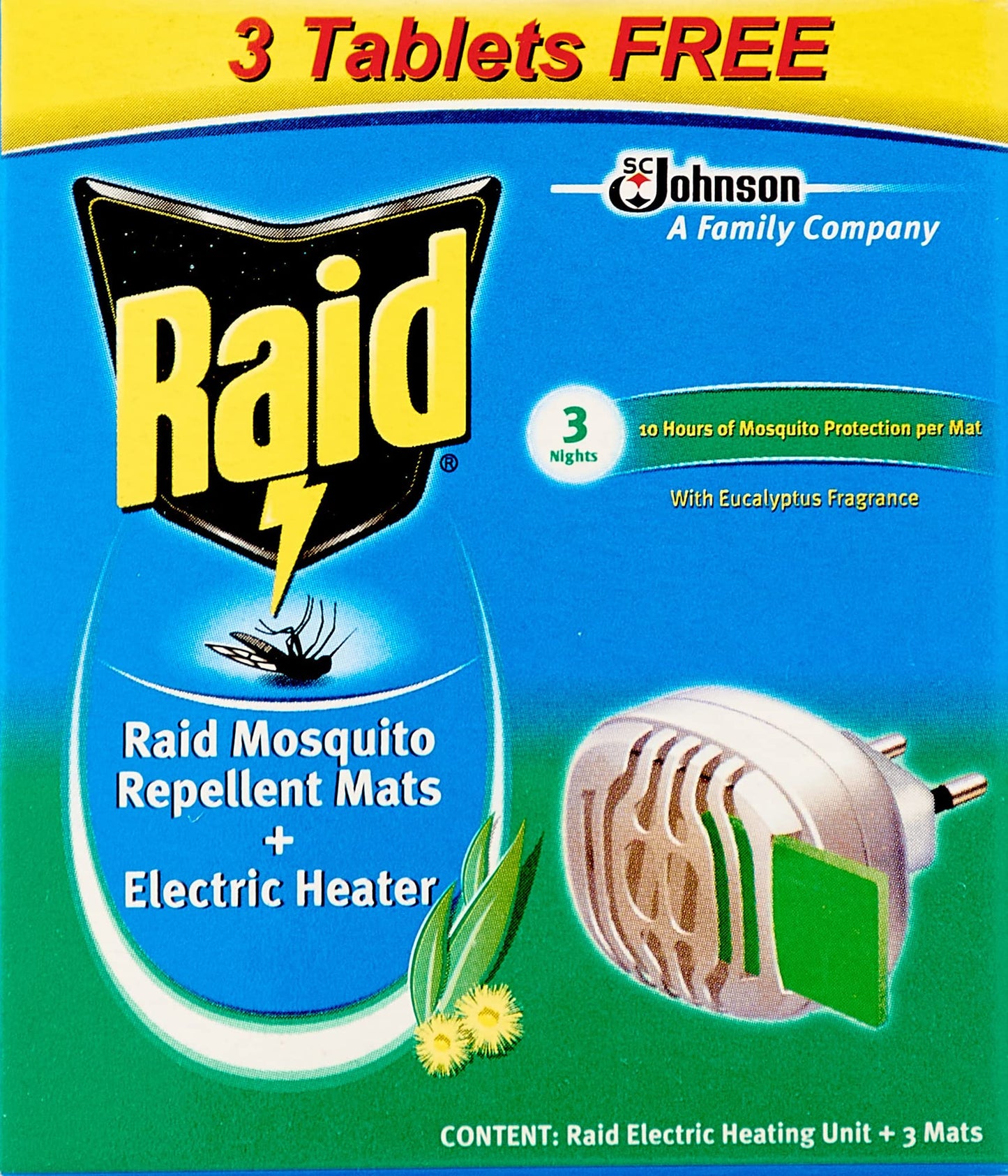 Raid Electric Mosquito Repellent with Tablets and Eucalyptus Scent, 3 free tablets