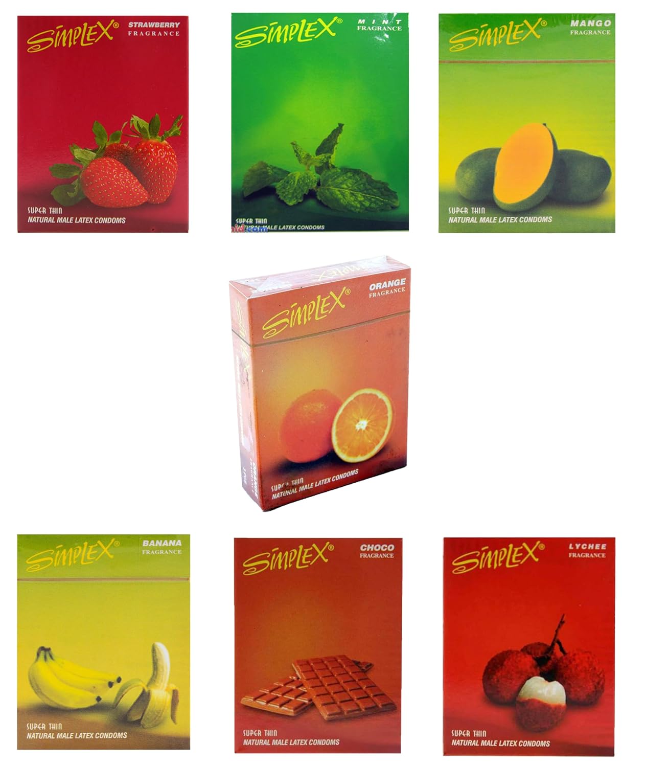 Simplex Mix selected Flavors of Condoms - all Flavors in one- 7 Packs of 3 condoms. Chocolate Banana Orange Mango Mint Lychee Strawberry