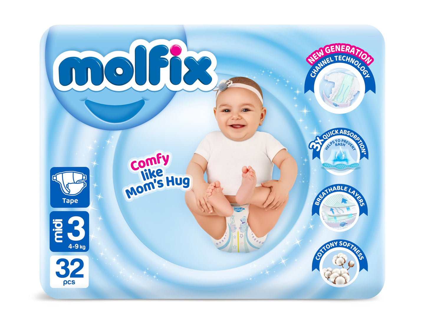 Molfix Baby Diapers, 32 Pieces, Size 3 Medium