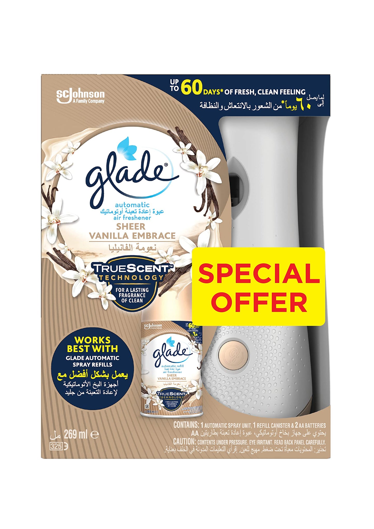 Glade Automatic Spray Holder With Sheer Vanilla Embrace Air Freshener For Up To 60 Days Of Automatic Freshness, 269ml