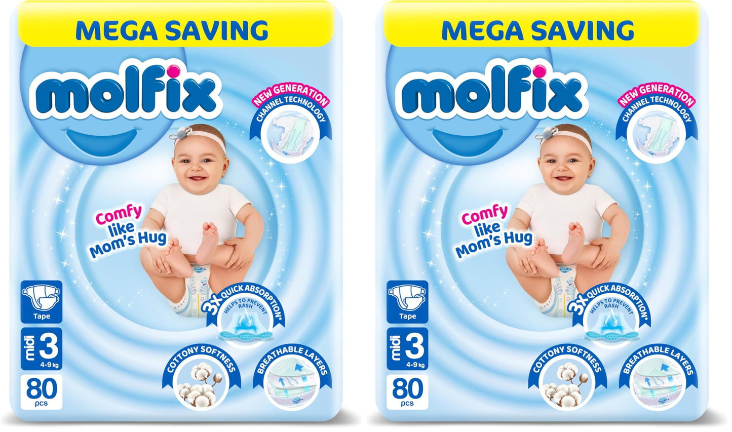 Molfix Baby Diapers - Mega Pack - Midi Size 3-80 Pieces (Pack of 2)