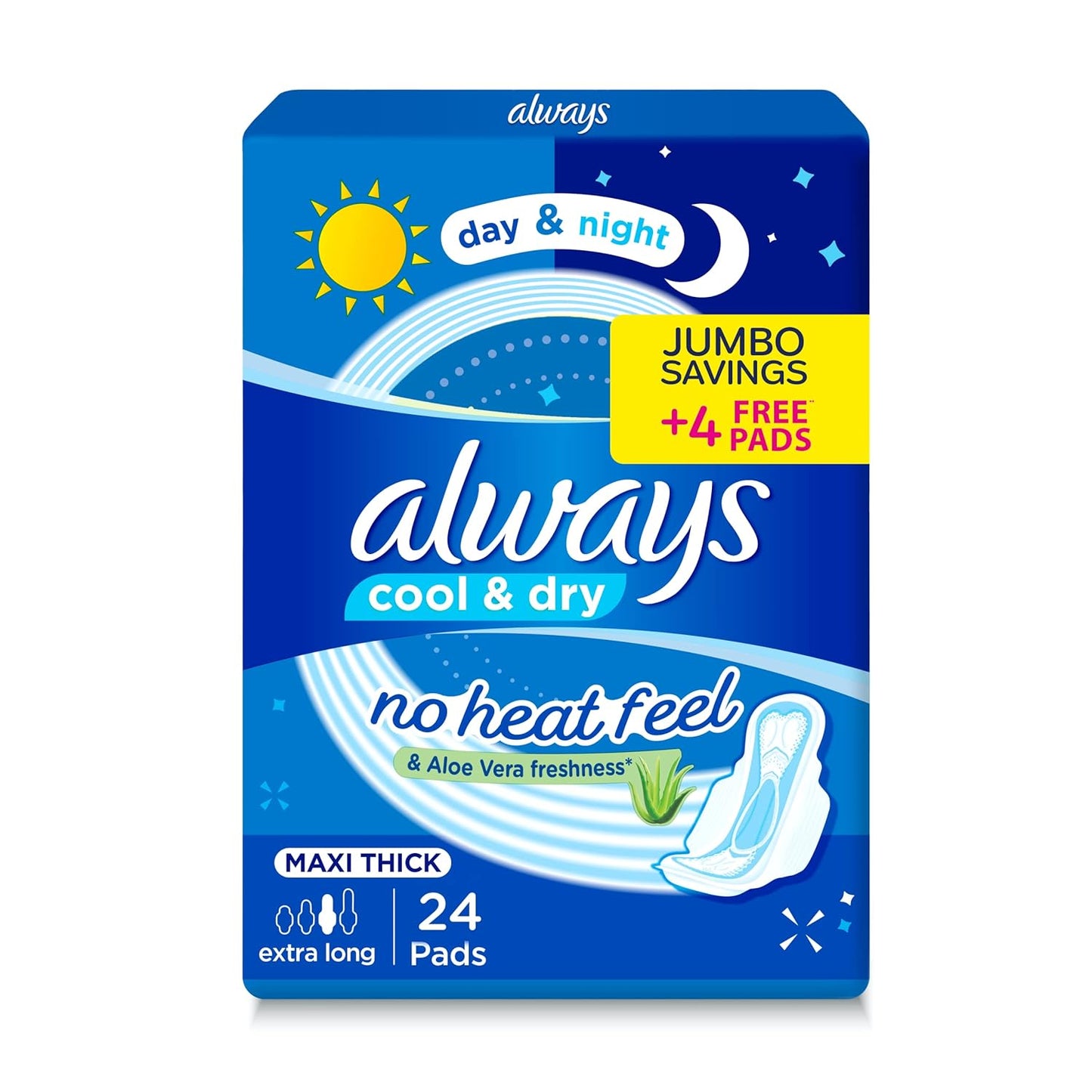Always Cool & Dry, No Heat Feel, Maxi Thick, Extra Long Sanitary Pads With Wings, 24 Pads
