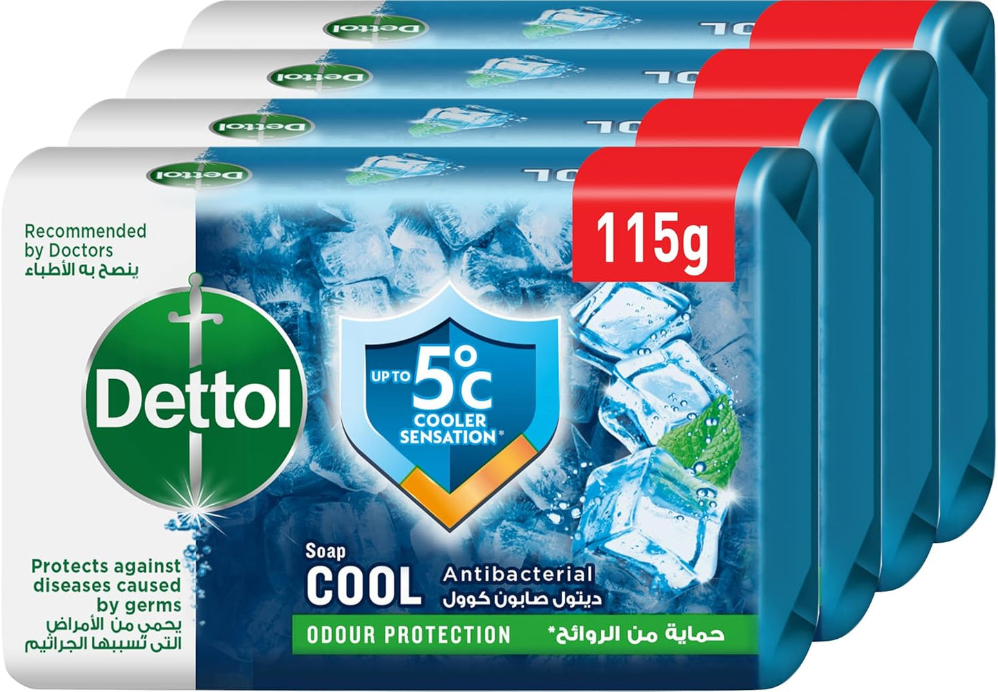 Dettol cool anti-bacterial bathing soap bar for effective germ protection, personal hygiene & odour protection , mint & bergamot fragrance, 4 pieces 115g @20% off