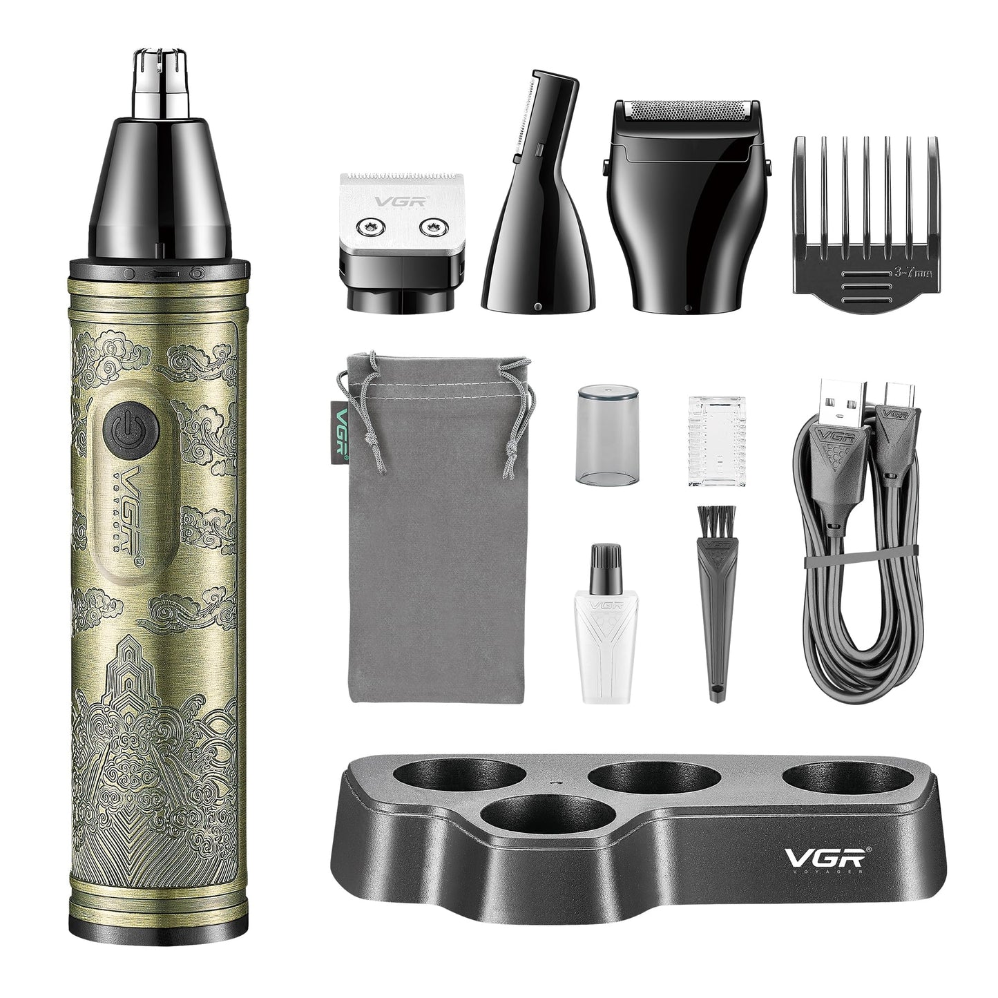 VGR 3-in-1 Nose and Ear Hair Trimmer for Men - Eyebrow Body Razor and Beard Trimming Attachment - Cordless Rechargeable 120 mins Battery - Painless Nostril Nasal Remover