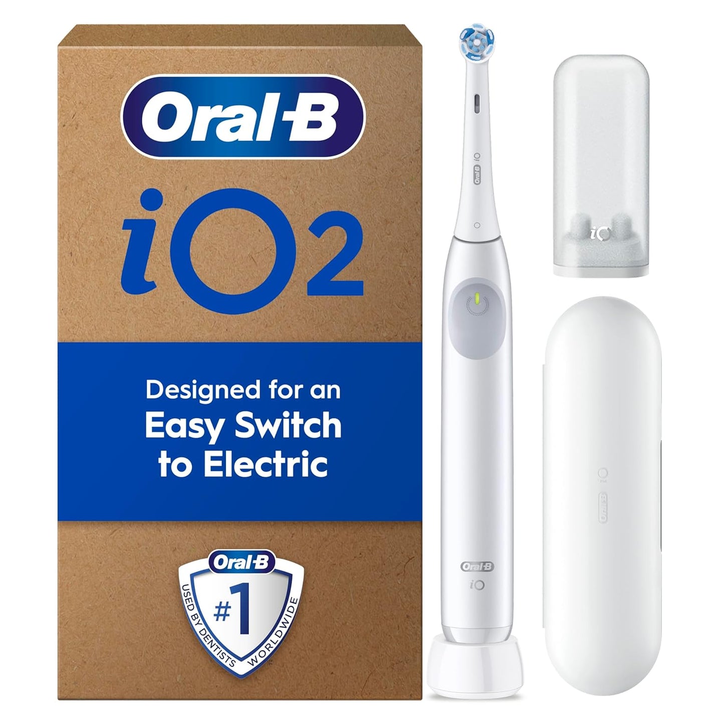 Oral-B iO2 Simple White Electric Toothbrush, 1 Toothbrush Head, 1 Travel Case, 1 Travel Refill Holder, Designed by Braun