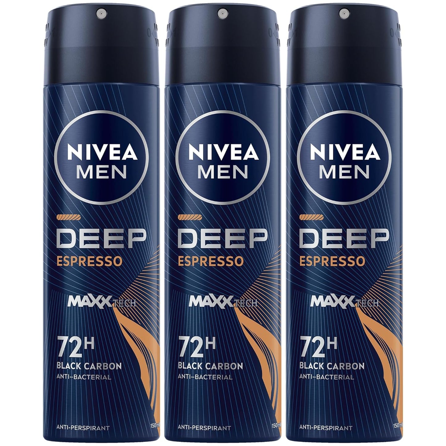 NIVEA MEN Antiperspirant Spray for Men, Antibacterial DEEP Black Carbon Espresso, 3x150ml