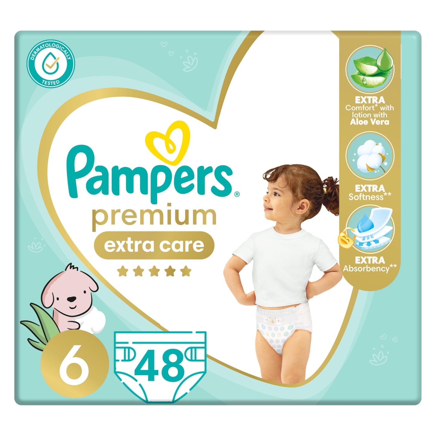 Pampers premium EXTRA care Taped diapers, size 6, with Lotion with Aloe Vera, 48 baby diapers