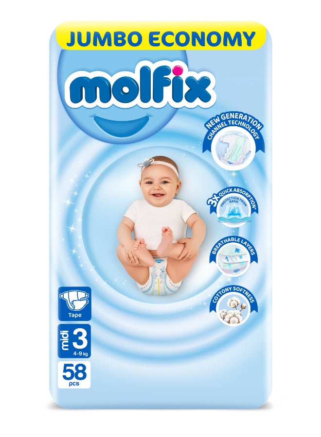 Molfix Baby Diapers - Jumbo Pack - Midi Size 3 - 58 Pieces