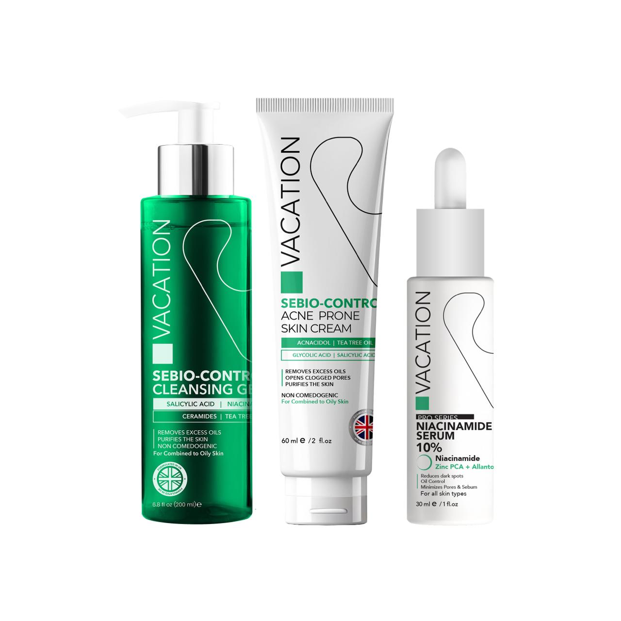 Vacation Sebio-Control Bundle ( Cleansing Gel 200ml+ Acne Cream 60ml + Niacinamide Serum 30ml)