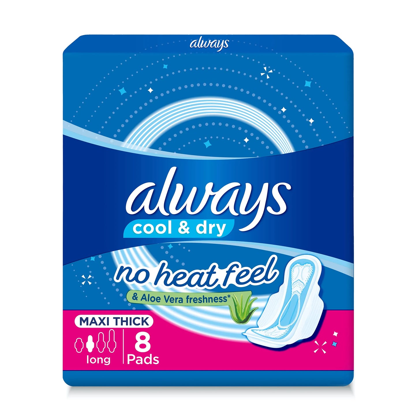 Always | Cool & Dry Pads No Heat Feel & Aloe Vera Freshness Maxi Thick Long | 8 Pcs
