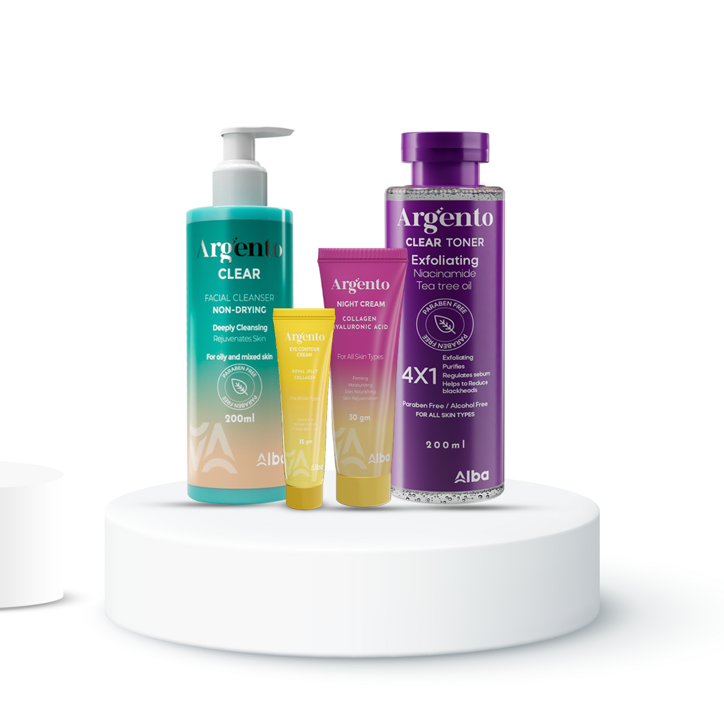 Argento Clear Cleanser, Argento Toner, Argento Nite Cream 30g, and Eye Contour