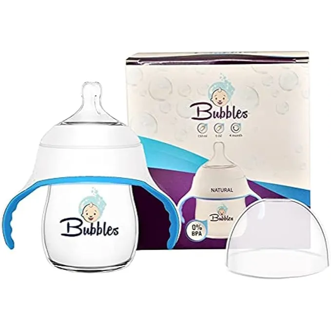 Bubbles | Natural Baby Bottle with Handles White and Blue | 150ml