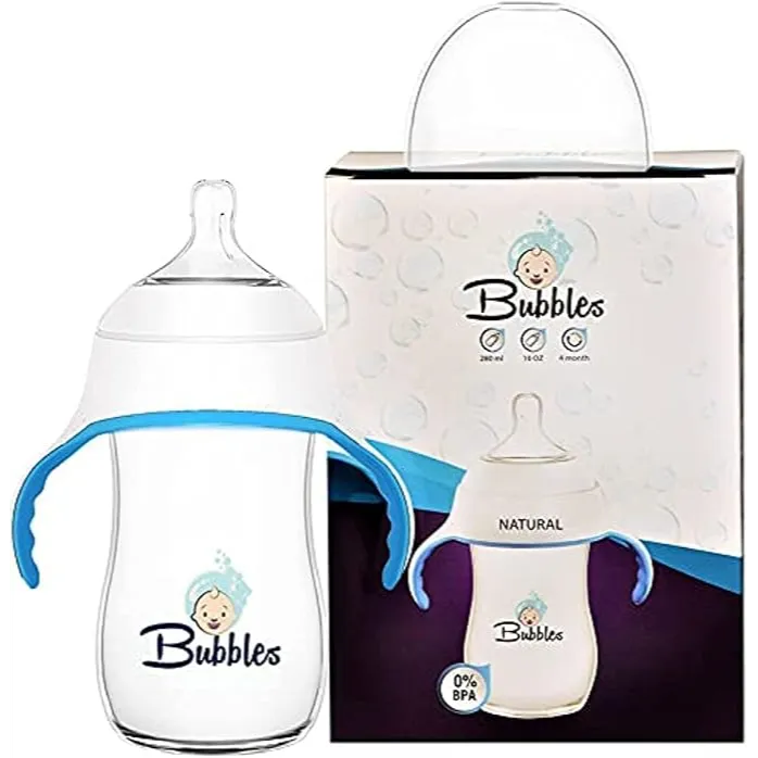 Bubbles | Natural Baby Bottle with Handles White and Blue | 280ml