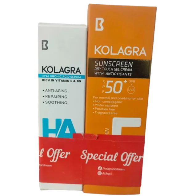 Kolagra | HA Hyaluronic Acid Serum | 30ml + Sunscreen Sun Dry Touch Gel Cream SPF50+ for Normal & Combined Skin | 50ml