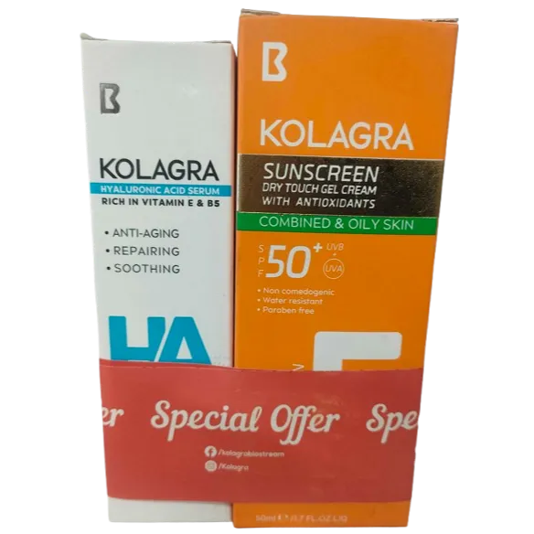 Kolagra | HA Hyaluronic Acid Serum | 30ml + Sunscreen Sun Dry Touch Gel Cream SPF50+ for Oily & Combined Skin | 50ml