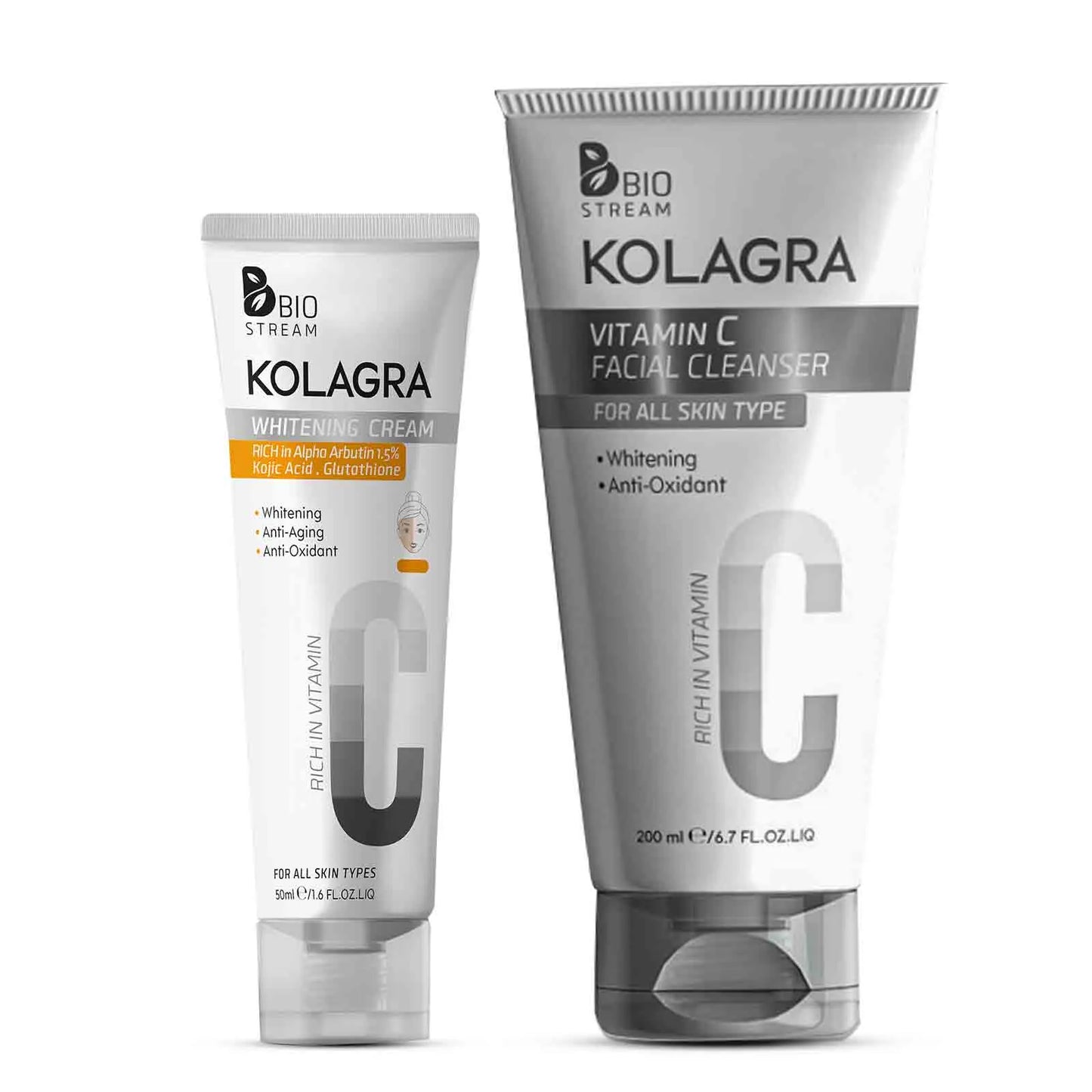 Kolagra | Whitening Cream for Face with Alpha Arbutin | 50ml + Vitamin C Facial Cleanser | 200ml