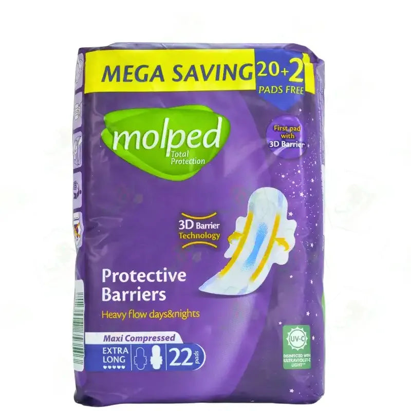 Molped | Total Protection Maxi Thick Extra Long Sanitary Pads | 20 Pcs + 2 Pcs Free