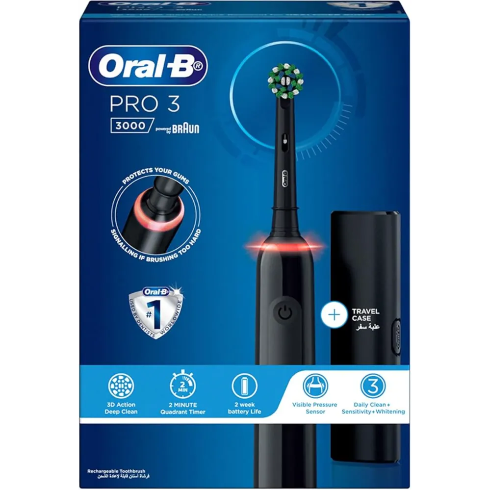 Oral-B | Pro Clean 3 3000 Electric Toothbrush with Travel Case, Black Color, Rechargeable, with Built-in Timer