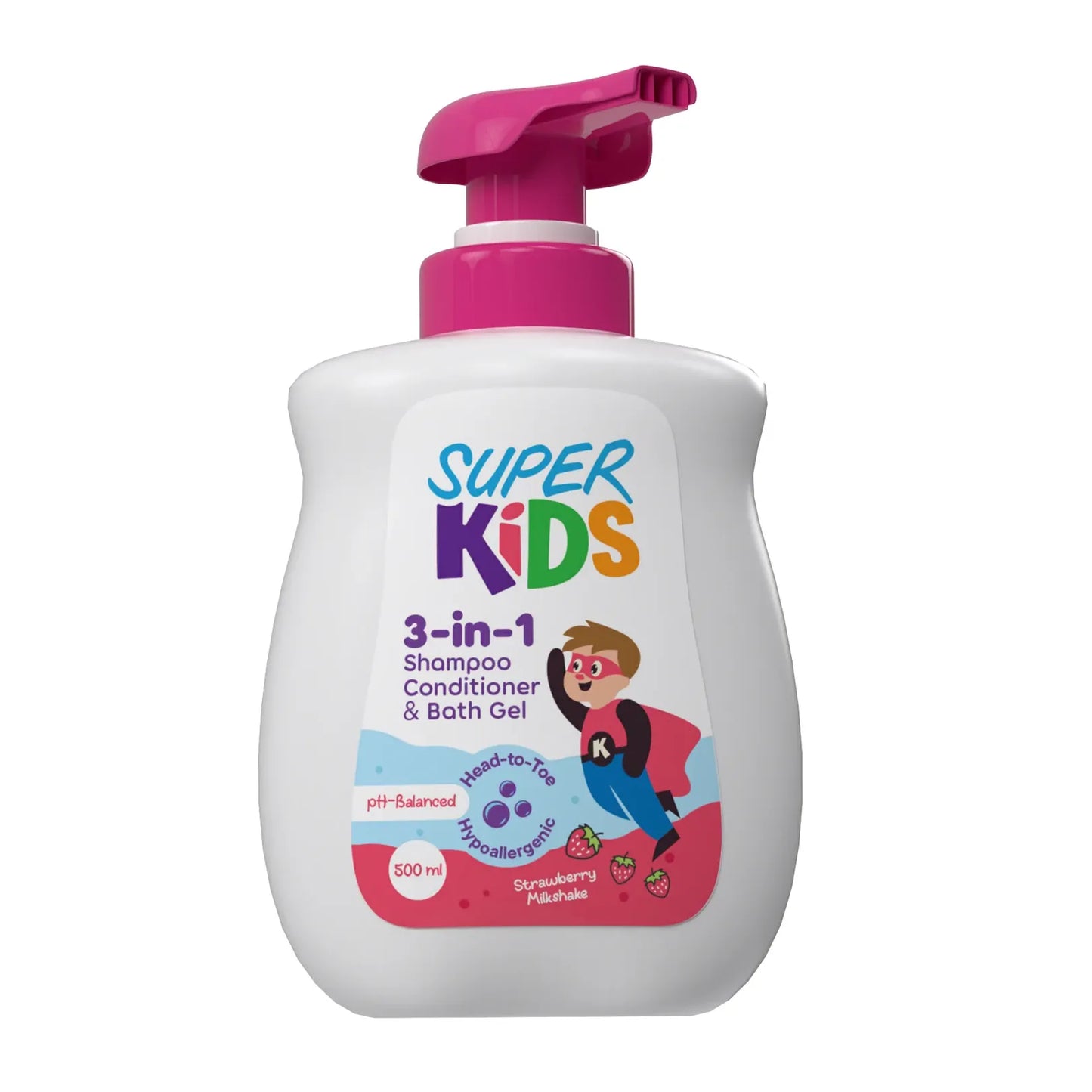 SuperKids | Shampoo & Conditioner & Bath Gel 3 in 1 with Strawberry Milkshake Scent | 500ml