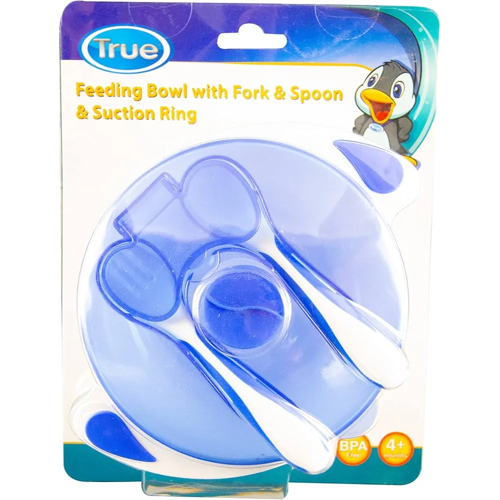 True | Feeding Bowl with Fork & Spoon & Suction Ring from +4M Blue | 1 Pack