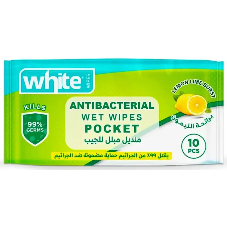 White | Antibacterial Wet Wipes with lemon Scent | 10 Wipes