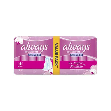 Always | Cotton Soft Value Pack Maxi Thick Long Sanitary Pads with Wings | 16 Pcs