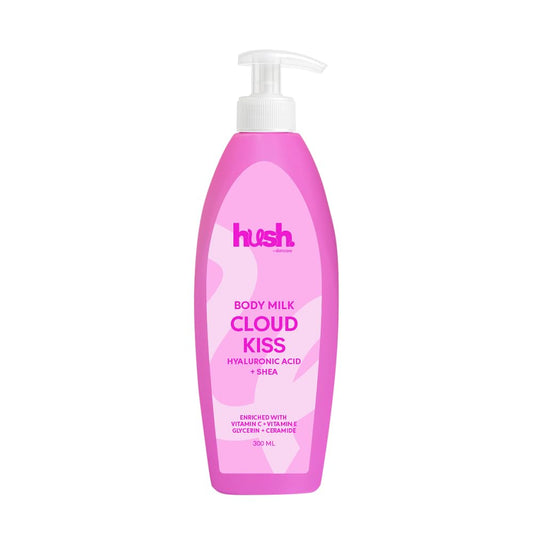 Hush Skincare Cloud Kiss Body Milk – Scent:Vanilla Salted Caramel Candy Ice cream– with Hyaluronic Acid, Vitamins C & E, Glycerin, Shea and Ceramide, 300 ml