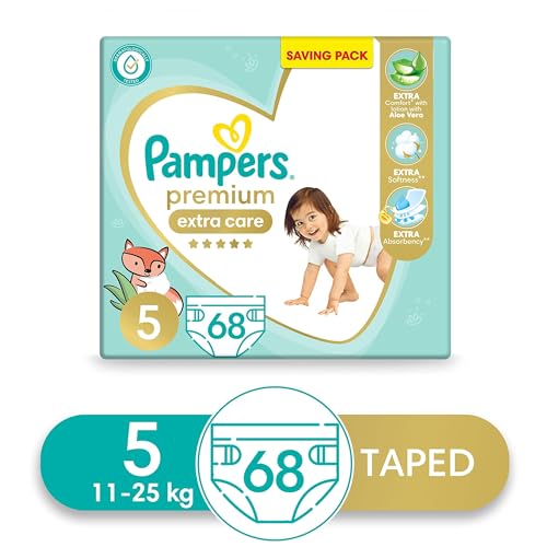 Pampers Premium EXTRA CARE Taped Diapers, Size 5, 11-25 kg, with Lotion with Aloe Vera, Saving Pack, 68 Baby Diapers (Pack of 2)