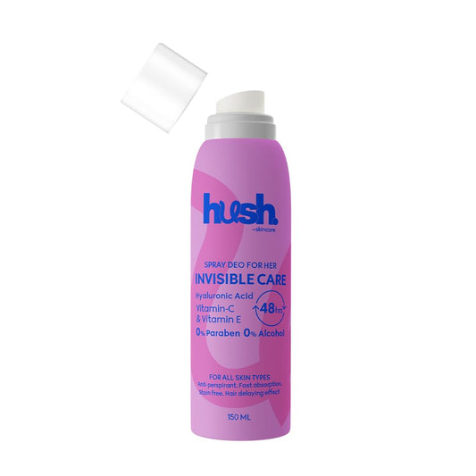 Hush Skincare Invisible Care for Her Spray Deodorant, 150 ml – Scent: Fruity Floral Sweet – Skin-Nourishing with Hyaluronic Acid, Vitamins C & E – Alcohol & Paraben Free
