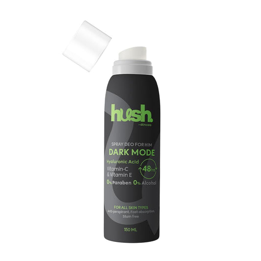 Hush Skincare Dark Mode for Him Spray Deodorant, 150 ml – Scent: Chocolate, fruits and amber – Skin-Nourishing with Hyaluronic Acid, Vitamins C & E – Alcohol-Free, Paraben-Free