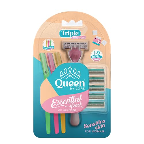 Queen By Lord Women's Shaving Essentials Pack and 3 Eyebrow Razors with 9 Refills Covered and a Full Moisturizer Strip